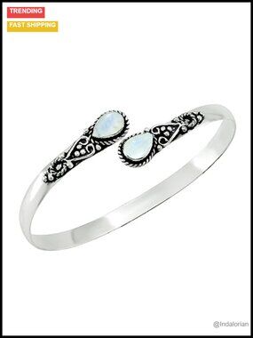 Silver Plated Open Cuff Bangle Bracelet Genuine Moonstone Pear Shape Women